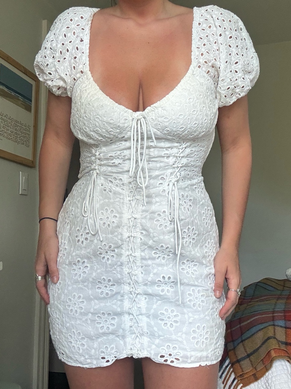 Saboskirt sabo luxe White Eyelet Puff-Sleeve Mini Dress